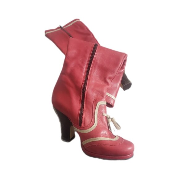 Fly London Shoes - Vintage Red Leather Knee High Saloon Boots Zip Sides - Size 7